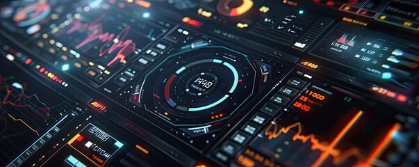 Fototapeta premium Futuristic data visualization interface with graphs, charts, and digital elements for tech and finance projects.