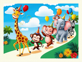 Naklejka premium Illustration of the wild animals near the big tree 