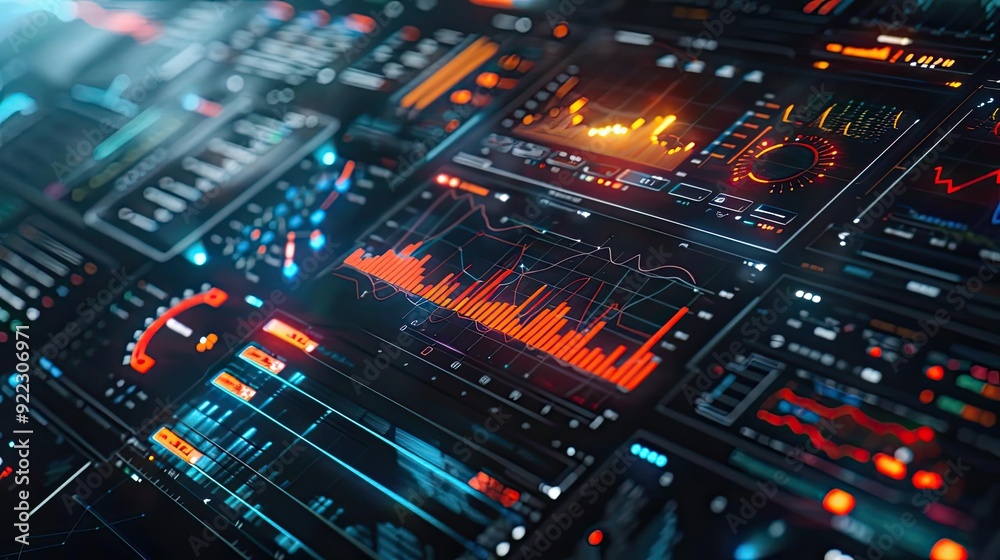 Poster Futuristic data visualization screen with vibrant graphics and analytical charts. Perfect for technology and analysis themes.
