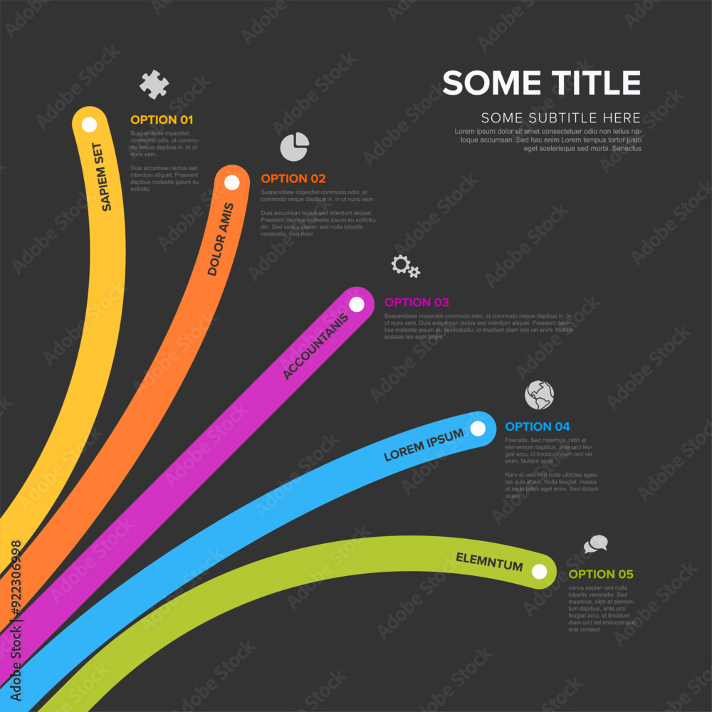 Poster vector dark diagonal multipurpose infographic template with title and five elements options with big
