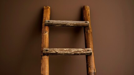 A wooden ladder with two steps against a brown wall.