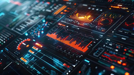 Naklejka premium Futuristic data visualization screen with vibrant graphics and analytical charts. Perfect for technology and analysis themes.