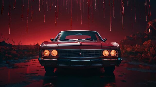 A classic car shines under an otherworldly crimson sky at dusk in a surreal landscape