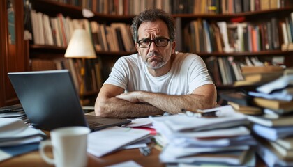 An Exhausted Businessman Amidst a Cluttered Desk Overworked