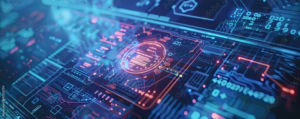 Poster futuristic circuit board with glowing lines and nodes, illustrating advanced technology and digital 