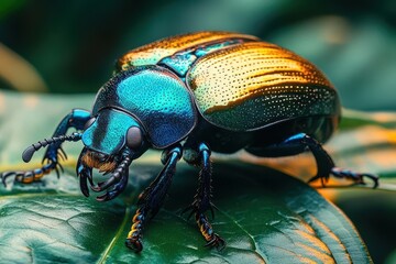Naklejka premium gigantic iridescent beetle with serrated mandibles perched on a vibrant tropical leaf surrounded by misty jungle foliage dramatic shadows and dappled sunlight create an otherworldly atmosphere