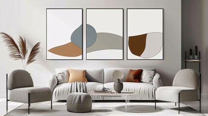 A trio of minimalistic abstract art posters with a seamless continuous design on a white background, ideal for a chic and contemporary interior