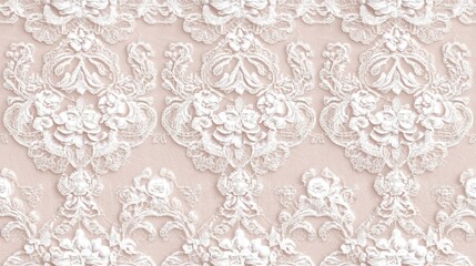 Intricate lace pattern in soft blush fabric, perfect for elegant textiles and fashion design