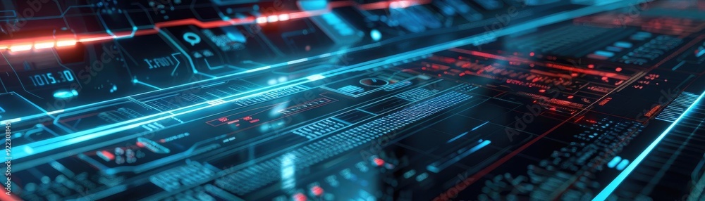 Poster Futuristic digital interface with glowing lines and data visualizations, representing advanced technology and innovation.
