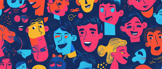 Colorful Illustration of Smiling Faces, Diverse People, Abstract Portrait, Abstra