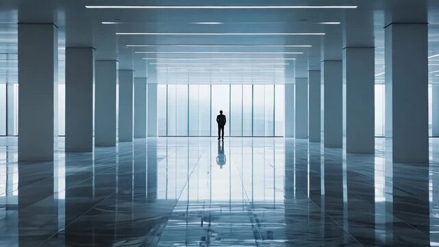 Solitude in the Corporate Expanse: A lone figure contemplates the view from a modern office building, emphasizing ambition and the challenges of success. 