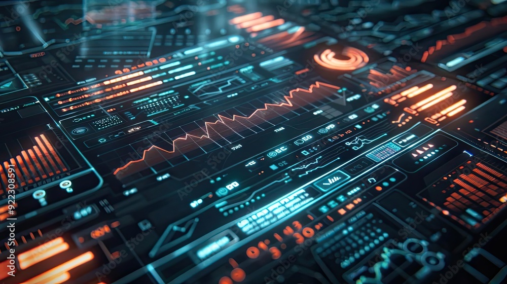 Poster Futuristic data visualization with glowing elements, showcasing graphs, charts, and technology interface for digital projects.