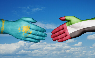 United Arab Emirates and Kazakhstan country handshaking with flags, consensus concept international co-operation illustration