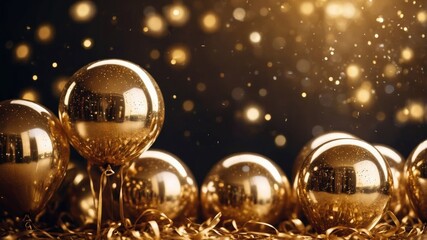 Star-shaped golden balloons floating amidst a golden, sparkling atmosphere, conveying a sense of celebration and glamour, suitable for festive occasions or decorative themes.