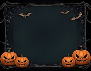 Halloween display with carved pumpkins, bats, and a decorative frame set against a dark background
