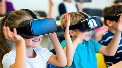 Children experiencing virtual reality with VR headsets in a lively classroom setting.