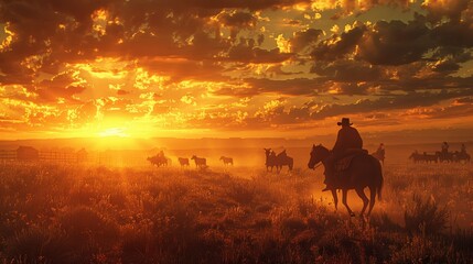 Golden Hour on a Texan Ranch: Herd of Cattle, Cowboys on Horseback, and Sun setting over the Plains