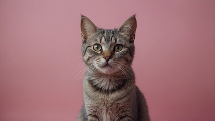 Obraz premium Surprisn'ted gray cat on a pink background.