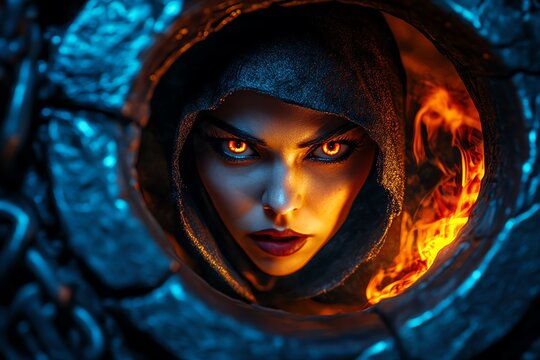 Dramatic portrait of a mystical hooded figure with glowing eyes in a fantasy setting, surrounded by fire and intricate stonework.