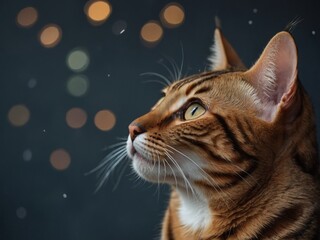 Funny muzzle of a Bengal cat looking up.