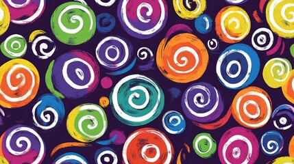 Colorful swirling patterns with vibrant circles on a dark background