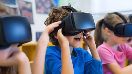 Children using virtual reality headsets in a classroom, engaging in a fun educational experience.