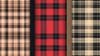 Three textile patterns featuring plaid designs in warm tones showcased together