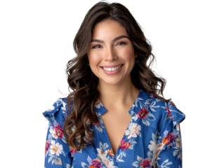 smiling latina woman in blue dress isolated