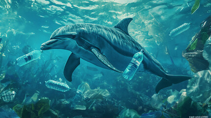 A dolphin swimming with plastic bottles in the polluted ocean with rubbish and garbage. Sea microplastic pollution, environmental problems, global environmental changes.	