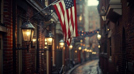 Historic Charm of Boston: Brick Buildings, Old-Fashioned Lamps & American Flags