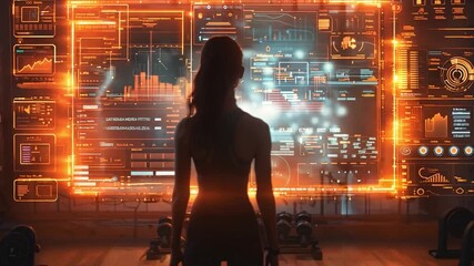 A woman analyzes health data displayed on a digital screen while training in a modern gym environment. - Powered by Adobe