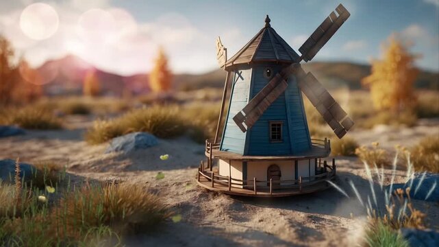 A miniature of an old, broken windmill with some decorations that are exactly the same as the original. Seamless 4K looping timelapse video animation