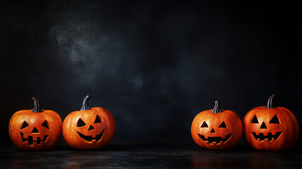 Halloween pumpkins lined up on a dark background with copy space, a Halloween concept.