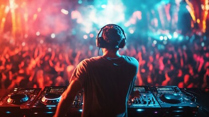 A man in a white shirt is playing a dj set at a concert.