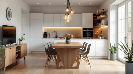 Modern scandinavian an eat-in kitchen interior design with big wooden table and chairs against light wood floor, bright white walls and furnitures with TV, appliances and hanging light bulbs