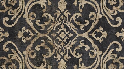 Intricate black and gold damask pattern on textured fabric in a classic design