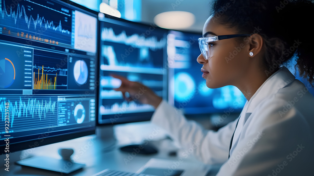 Poster clinical researcher analyzing statistical data on multiple screens, highlighting graphs and metrics.