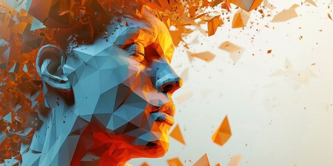 A woman's face is shown in a collage of triangles and squares