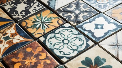 Colorful ceramic tiles arranged in a decorative pattern on a surface