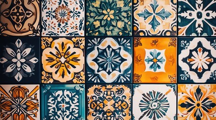 Colorful ceramic tiles arranged in a decorative pattern on a wall in a vibrant interior