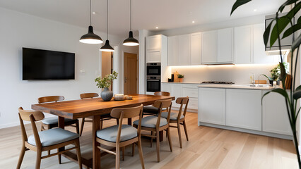 Modern scandinavian an eat-in kitchen interior design with big wooden table and chairs against light wood floor, bright white walls and furnitures with TV, appliances and hanging light bulbs