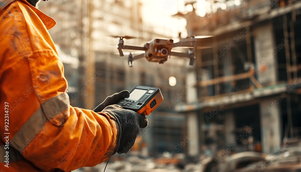 Aufkleber close-up of a construction worker operating a drone remote on a construction site