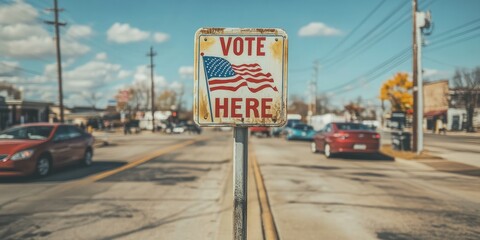 American Election. Vintage american traffic sign with the words Vote Here on the road in vintage style.