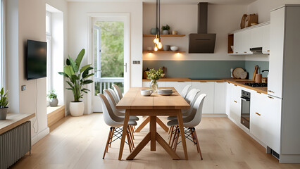 Fototapeta premium Modern scandinavian an eat-in kitchen interior design with big wooden table and chairs against light wood floor, bright white walls and furnitures with TV, appliances and hanging light bulbs