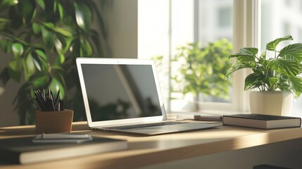 Modern Workspace with Laptop, Plants, and Natural Light Streaming Through the Window.