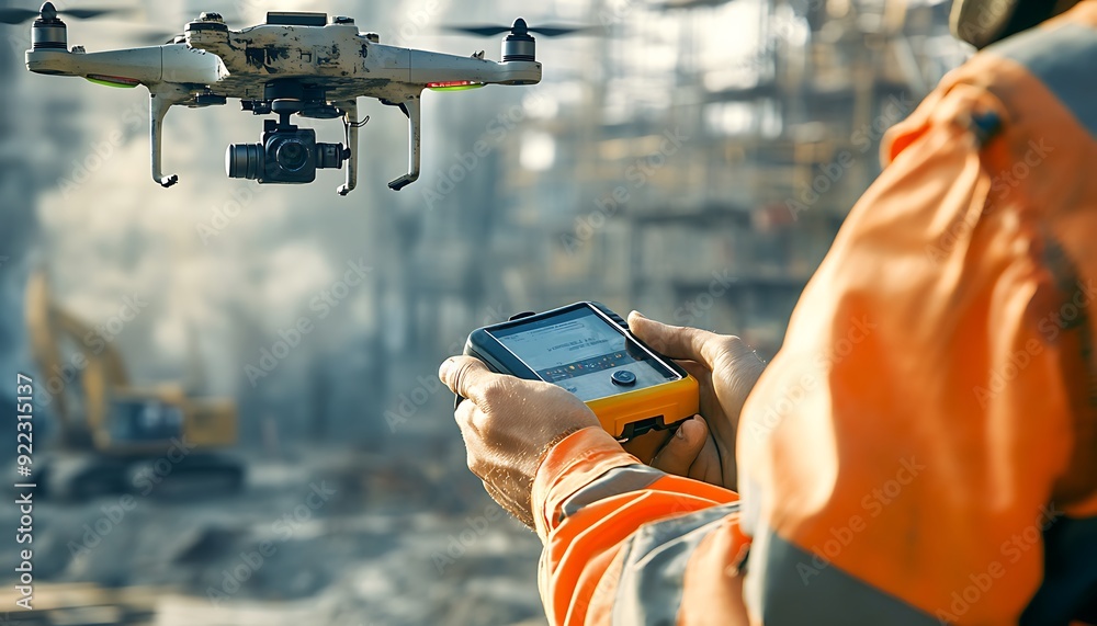 Aufkleber close-up of a construction worker operating a drone remote on a construction site