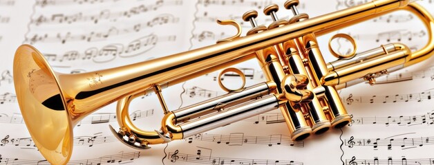 Obraz premium Brass trumpet and sheet music close-up on a table, capturing the essence of music with intricate notes and motion blur