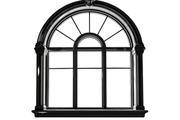 Black Metal Window Frame with Three Glass Panes Isolated without Background.