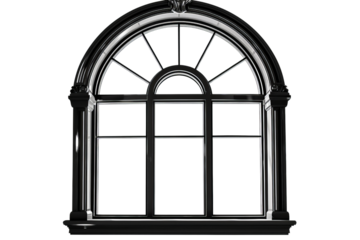 Black Metal Window Frame with Three Glass Panes Isolated without Background.
