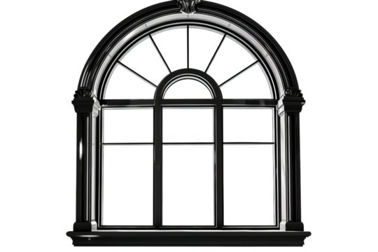 Black Metal Window Frame with Three Glass Panes Isolated without Background.